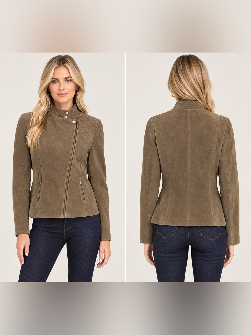 Alfani-Suede Moto Jacket in Olive Brown - Women Size Medium